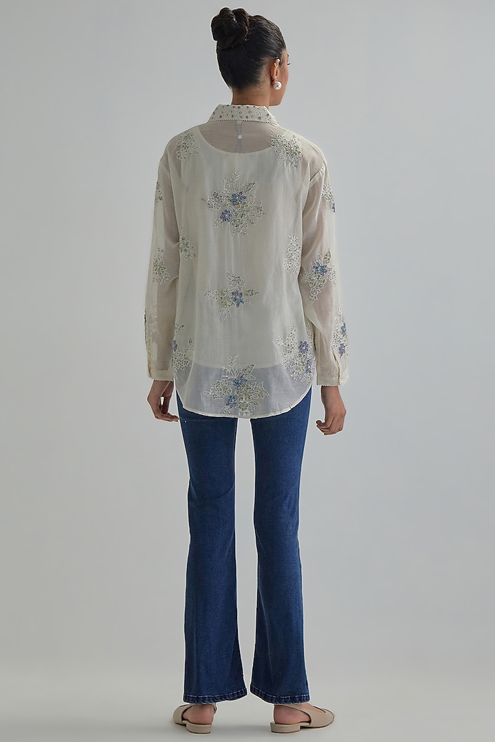 Off-White Cotton Chanderi Embroidered Shirt by Kora at Pernia's Pop Up Shop