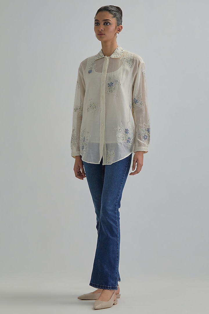 Off-White Cotton Chanderi Embroidered Shirt by Kora at Pernia's Pop Up Shop