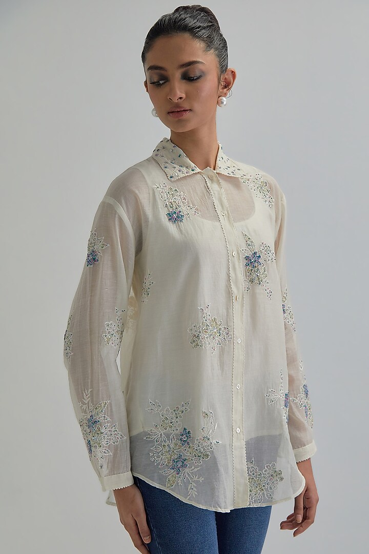 Off-White Cotton Chanderi Embroidered Shirt by Kora at Pernia's Pop Up Shop
