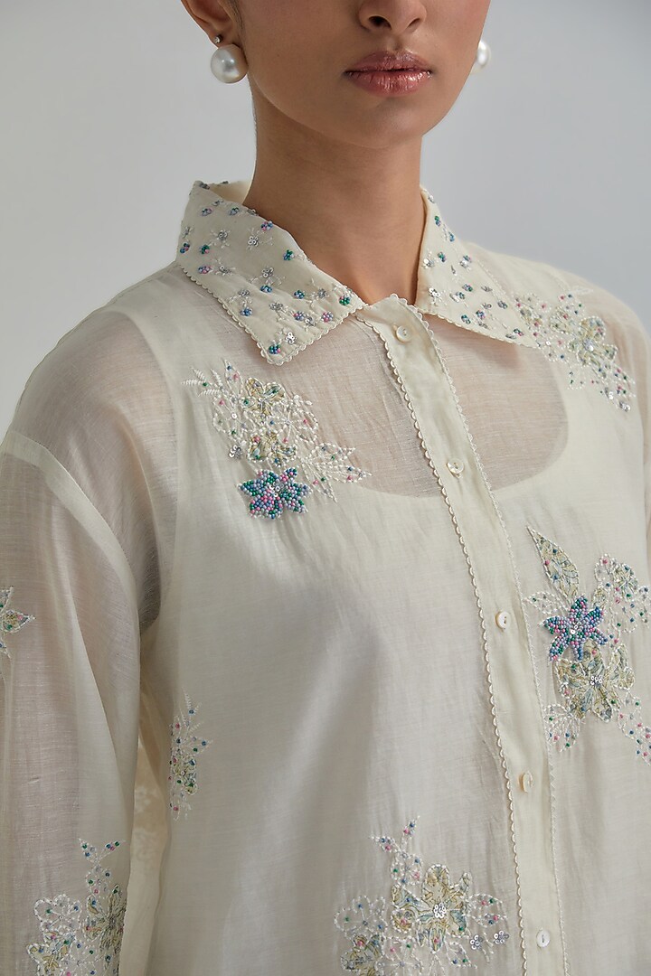 Off-White Cotton Chanderi Embroidered Shirt by Kora at Pernia's Pop Up Shop