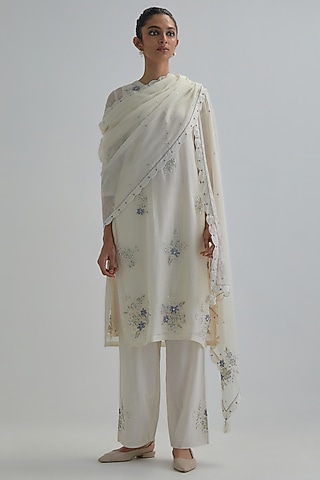 Off-White Cotton Chanderi Applique Embroidered Kurta Set by Kora