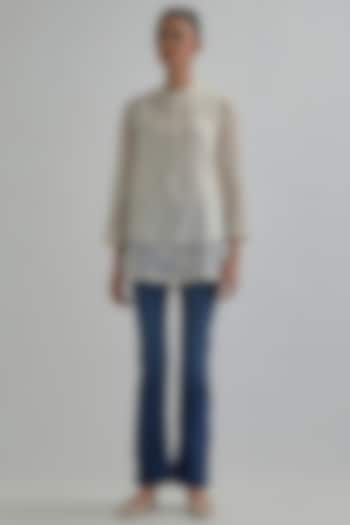 Off-White Cotton Chanderi Applique Embroidered Top by Kora at Pernia's Pop Up Shop
