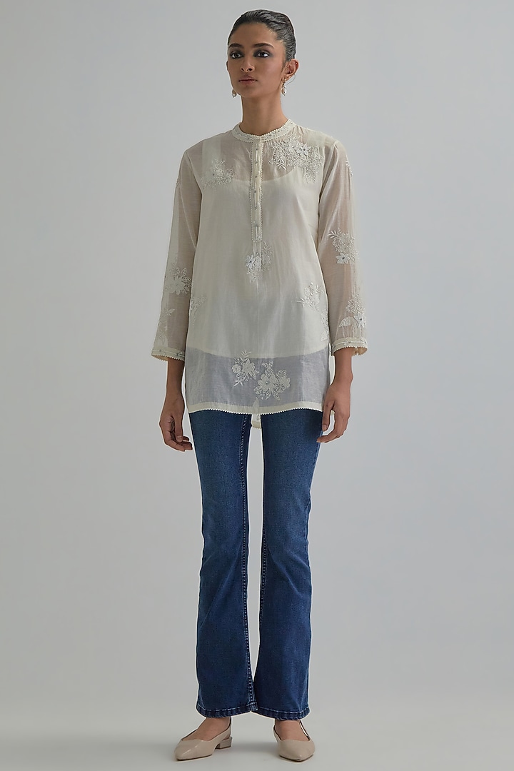 Off-White Cotton Chanderi Applique Embroidered Top by Kora at Pernia's Pop Up Shop