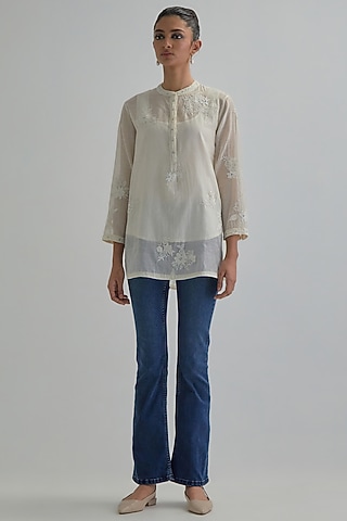 Off-White Cotton Chanderi Applique Embroidered Top by Kora