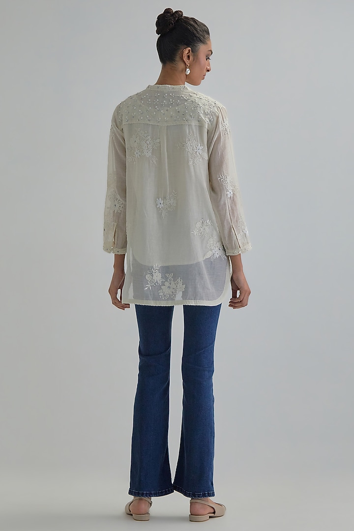 Off-White Cotton Chanderi Applique Embroidered Top by Kora at Pernia's Pop Up Shop