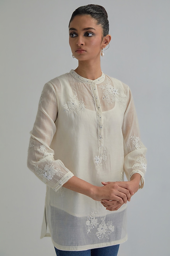 Off-White Cotton Chanderi Applique Embroidered Top by Kora at Pernia's Pop Up Shop