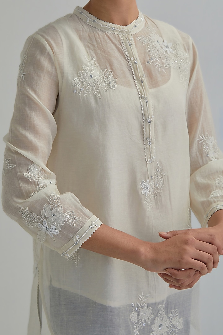 Off-White Cotton Chanderi Applique Embroidered Top by Kora at Pernia's Pop Up Shop