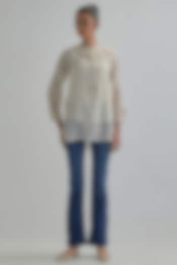 Off-White Cotton Chanderi Applique Embroidered Top by Kora at Pernia's Pop Up Shop