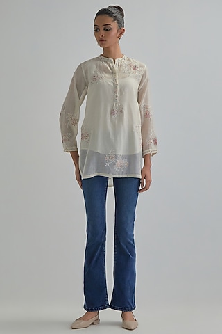 Off-White Cotton Chanderi Applique Embroidered Top by Kora