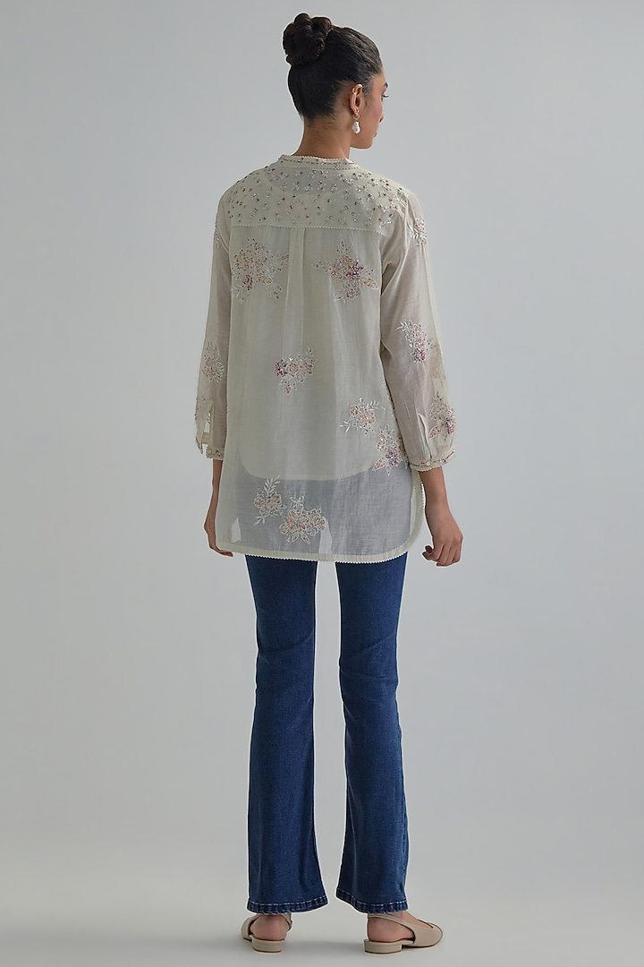 Off-White Cotton Chanderi Applique Embroidered Top by Kora at Pernia's Pop Up Shop