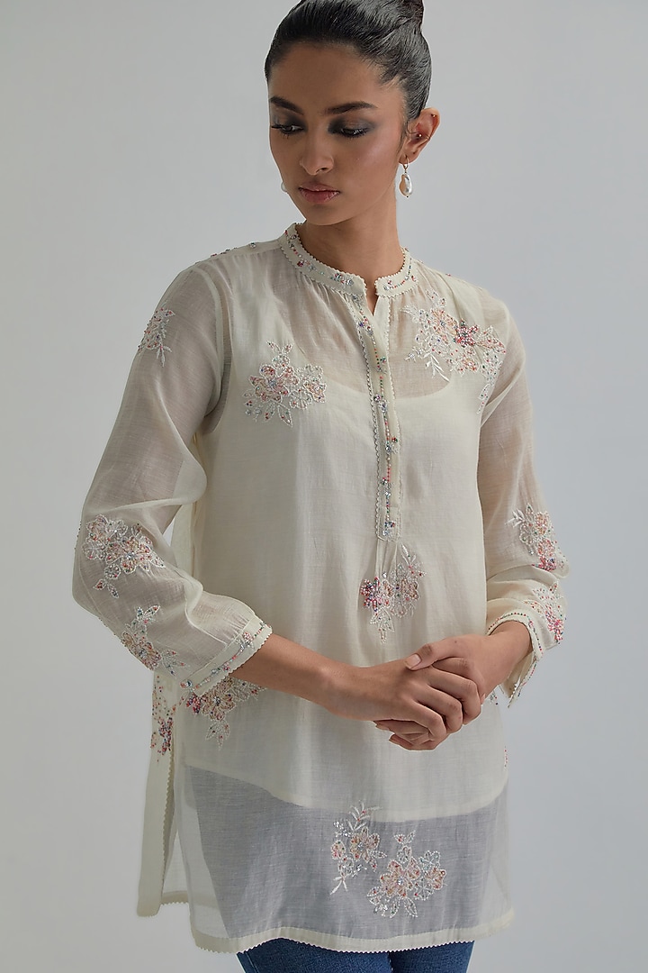 Off-White Cotton Chanderi Applique Embroidered Top by Kora at Pernia's Pop Up Shop