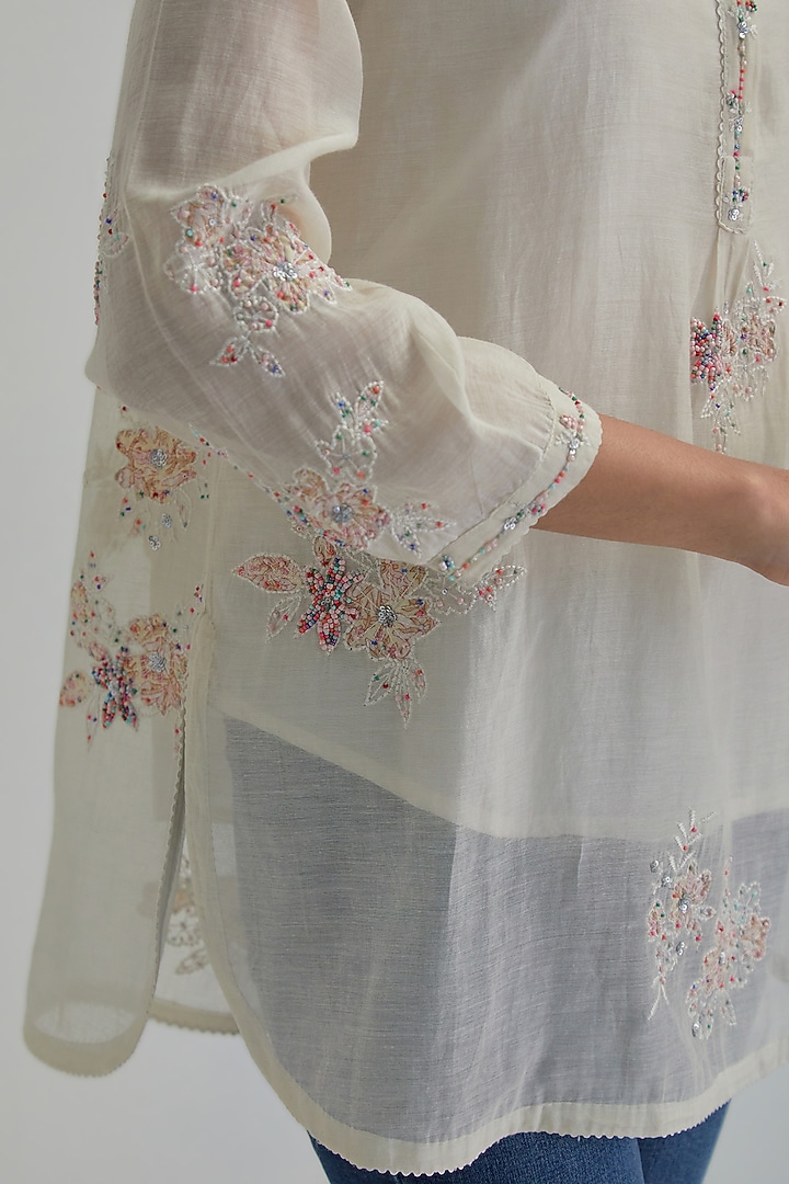 Off-White Cotton Chanderi Applique Embroidered Top by Kora at Pernia's Pop Up Shop