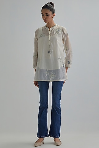 Off-White Cotton Chanderi Applique Embroidered Top by Kora