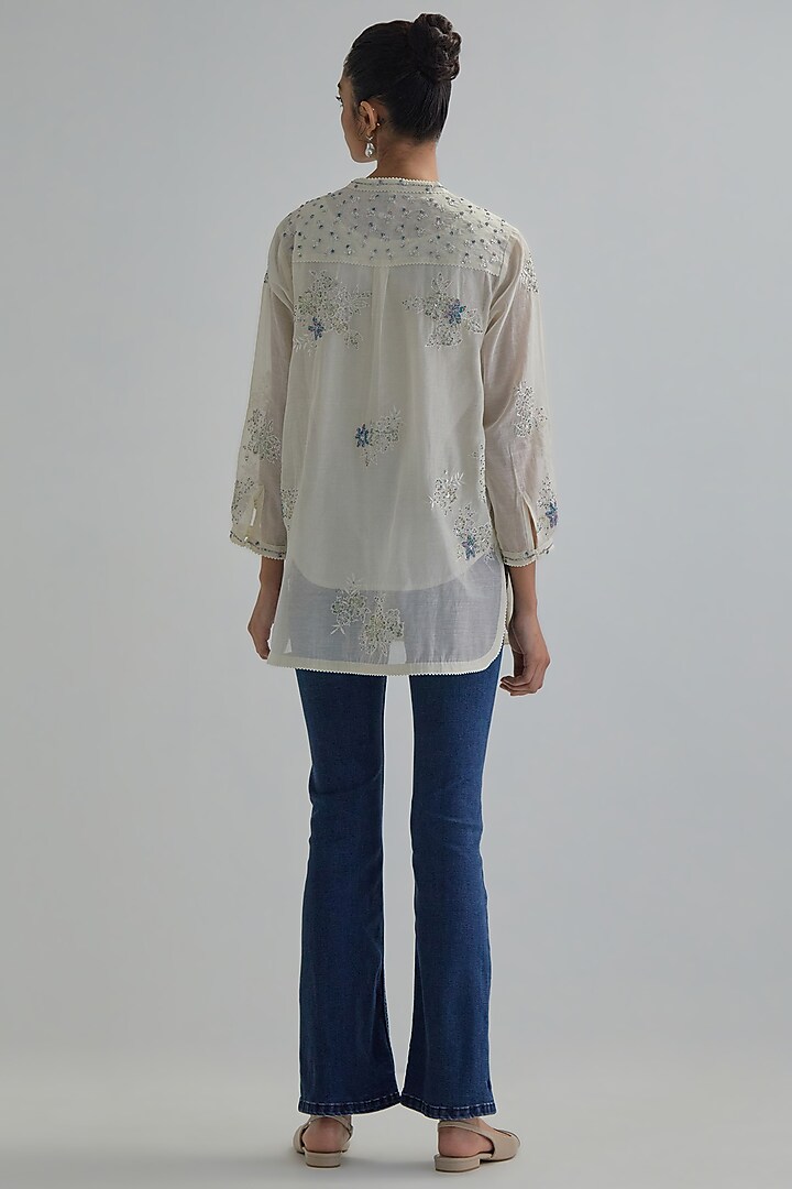 Off-White Cotton Chanderi Applique Embroidered Top by Kora at Pernia's Pop Up Shop