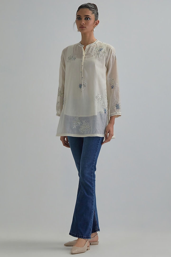 Off-White Cotton Chanderi Applique Embroidered Top by Kora at Pernia's Pop Up Shop