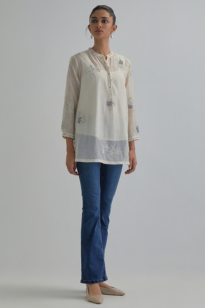 Off-White Cotton Chanderi Applique Embroidered Top by Kora at Pernia's Pop Up Shop