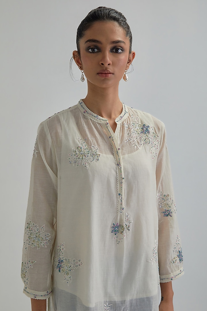 Off-White Cotton Chanderi Applique Embroidered Top by Kora at Pernia's Pop Up Shop