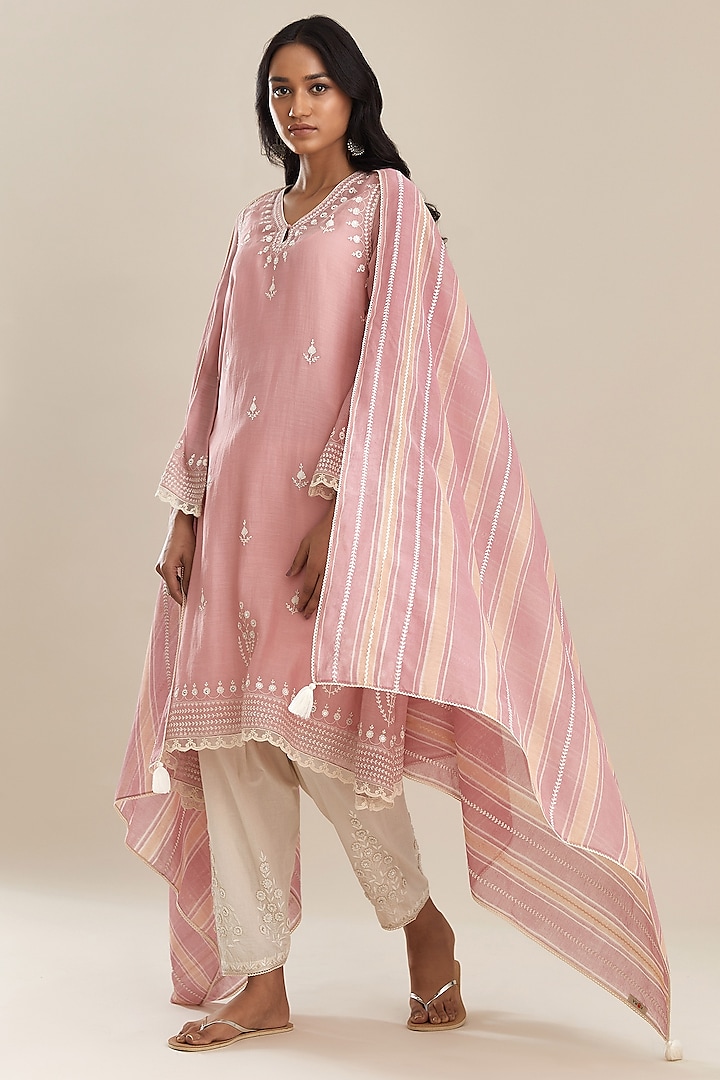 Pink Cotton Chanderi Kurta Set by Kora
