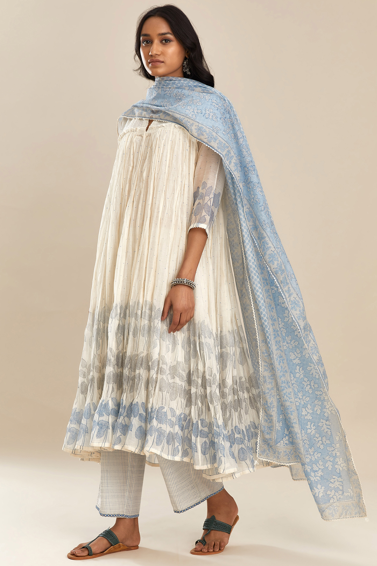 Blue & Off White Block Printed Kurta Set by Kora at Pernia's Pop Up Shop