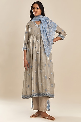 Grey Silk Embroidered Kurta Set by Kora