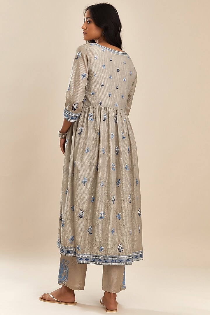 Grey Silk Embroidered Kurta Set by Kora at Pernia's Pop Up Shop