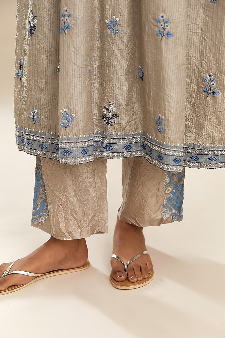 Grey Silk Embroidered Kurta Set by Kora at Pernia's Pop Up Shop