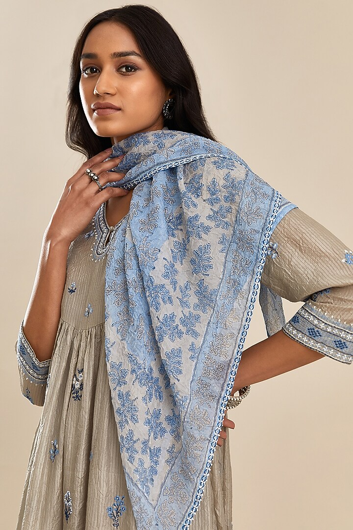 Grey Silk Embroidered Kurta Set by Kora at Pernia's Pop Up Shop