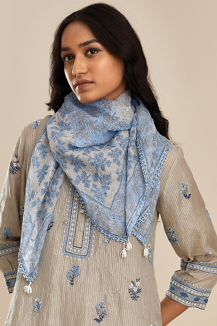 Grey Crushed Silk Kurta Set by Kora at Pernia's Pop Up Shop