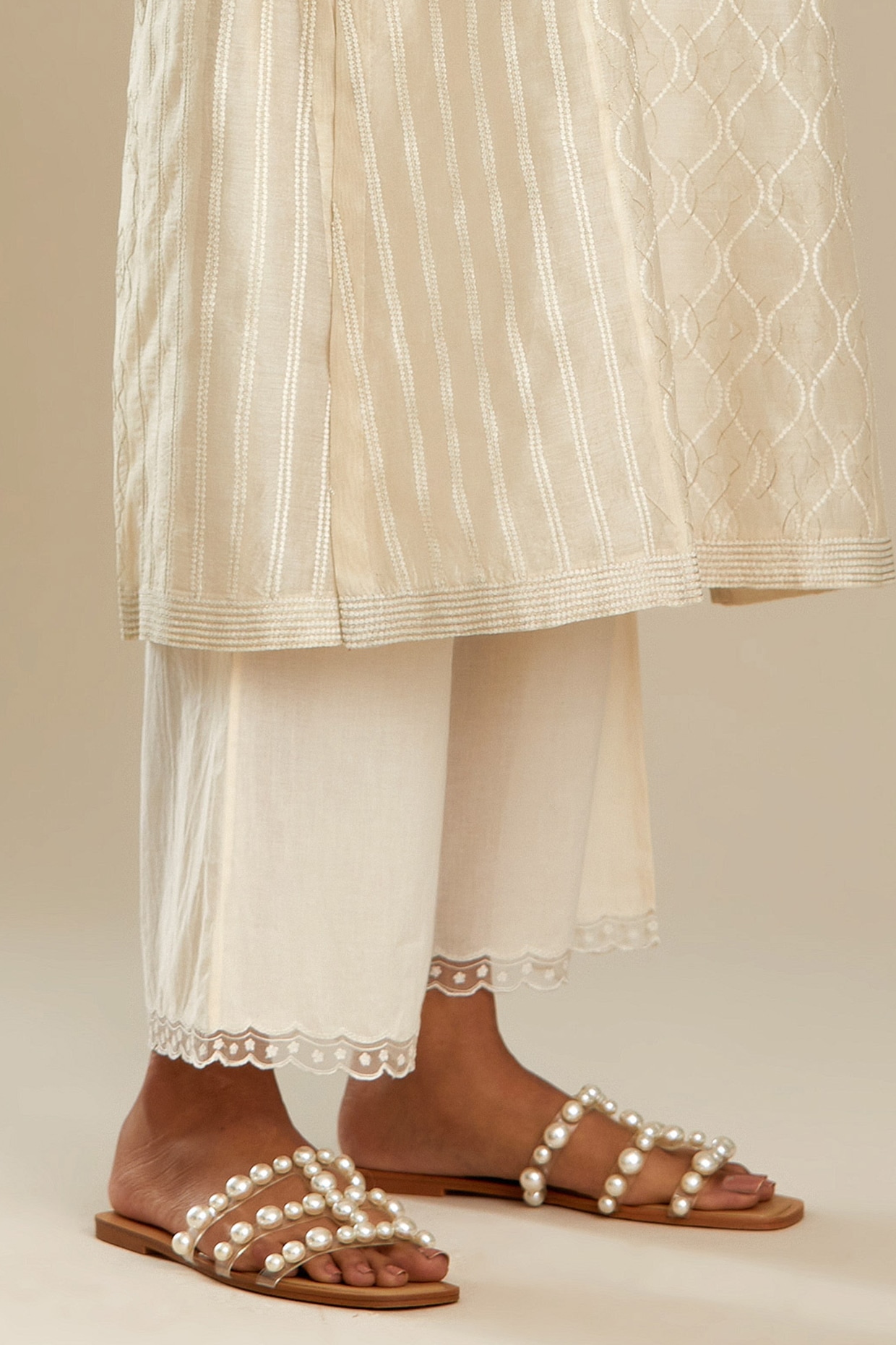 Off White Silk Kurta Set With Embroidery Design by Kora at