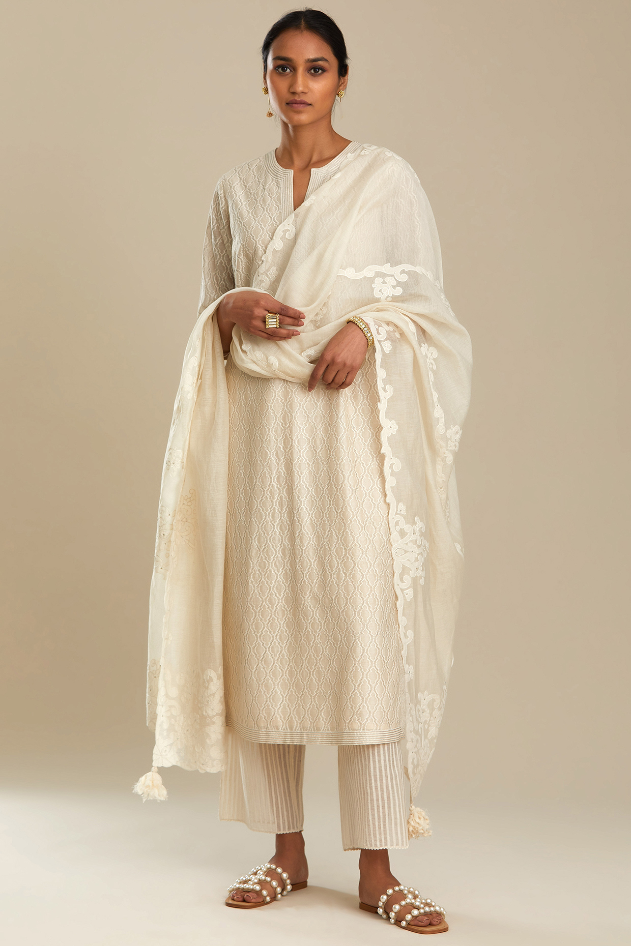 Off-White Jaal Embroidered Kurta Set by Kora at Pernia's Pop Up Shop