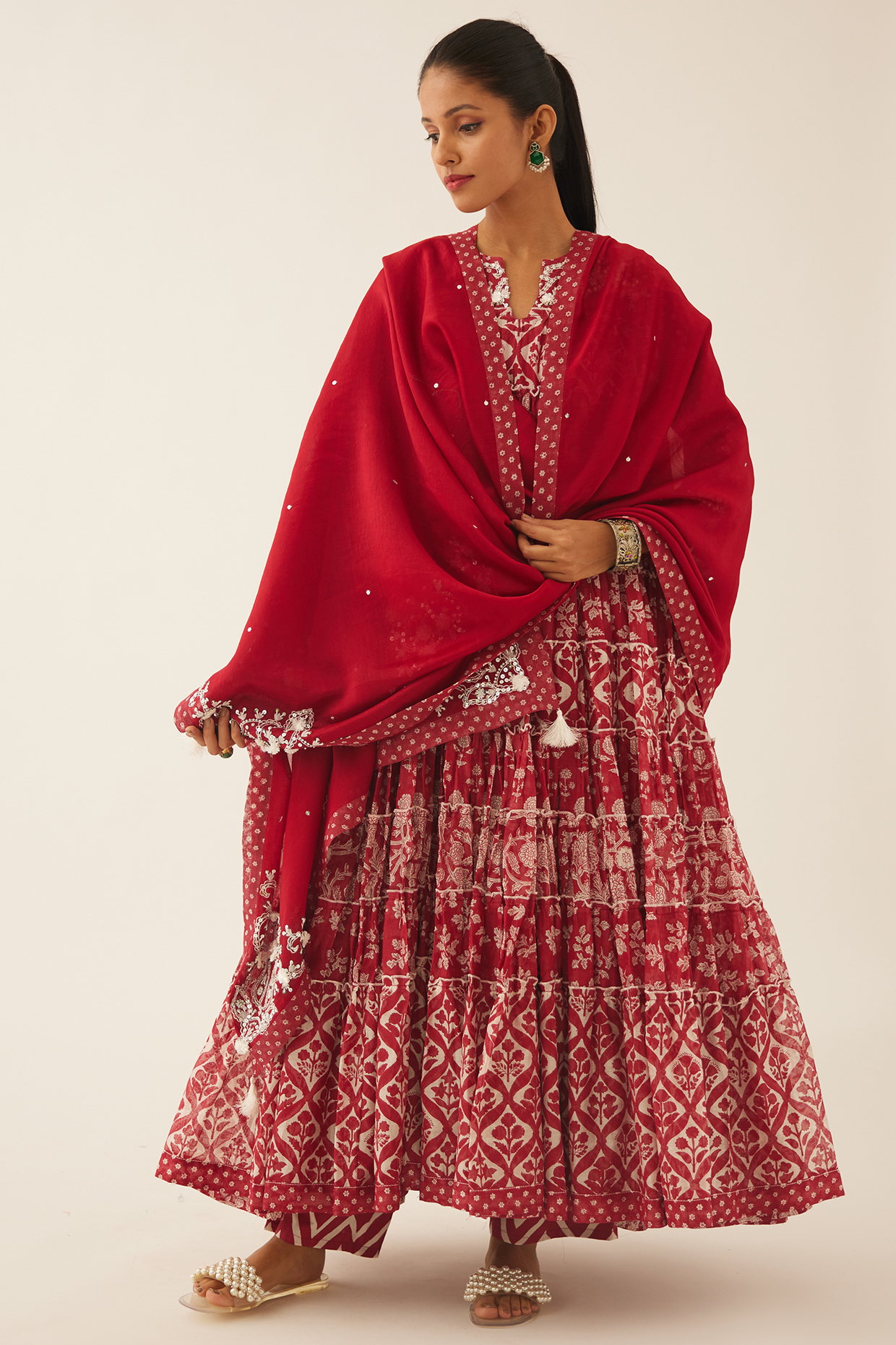 Red Cotton Chanderi Printed Tiered Kurta Set by Kora at Pernia's Pop Up Shop