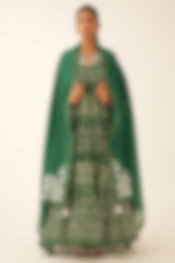 Green Cotton Chanderi Printed Tiered Kurta Set by Kora at Pernia's Pop Up Shop