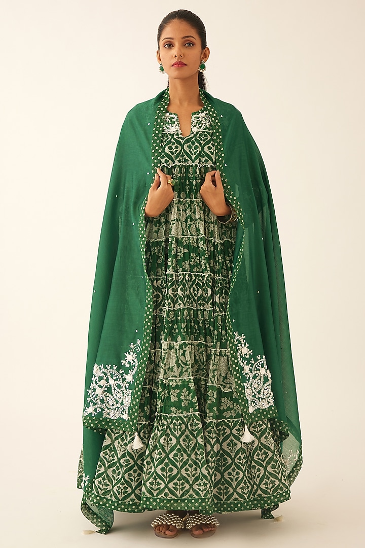 Green Cotton Chanderi Printed Tiered Kurta Set by Kora at Pernia's Pop Up Shop