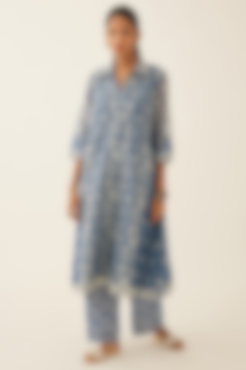 Blue Silk Chanderi Printed A-line Kurta Set by Kora at Pernia's Pop Up Shop