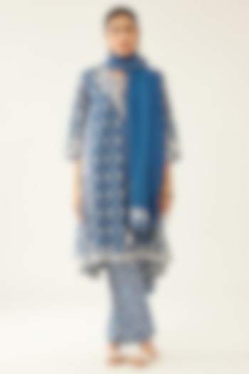 Blue Silk Chanderi Printed Kalidar Kurta Set by Kora at Pernia's Pop Up Shop