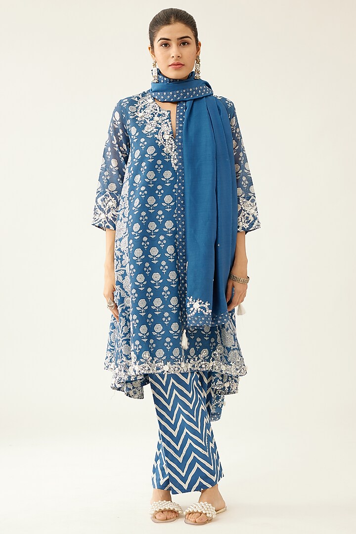 Blue Silk Chanderi Printed Kalidar Kurta Set by Kora at Pernia's Pop Up Shop