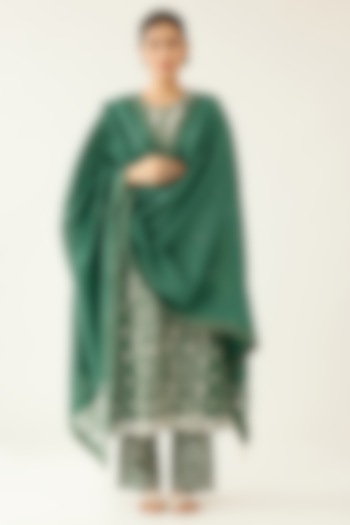 Green Silk Chanderi Printed Kalidar Kurta Set by Kora at Pernia's Pop Up Shop