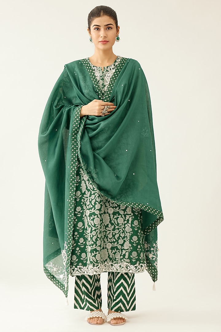 Green Silk Chanderi Printed Kalidar Kurta Set by Kora at Pernia's Pop Up Shop
