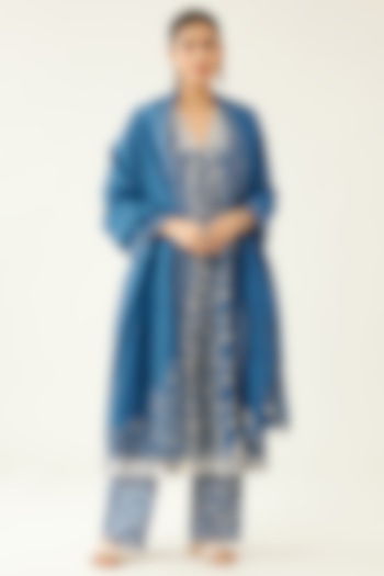 Blue Cotton Chanderi Printed Kurta Set by Kora at Pernia's Pop Up Shop