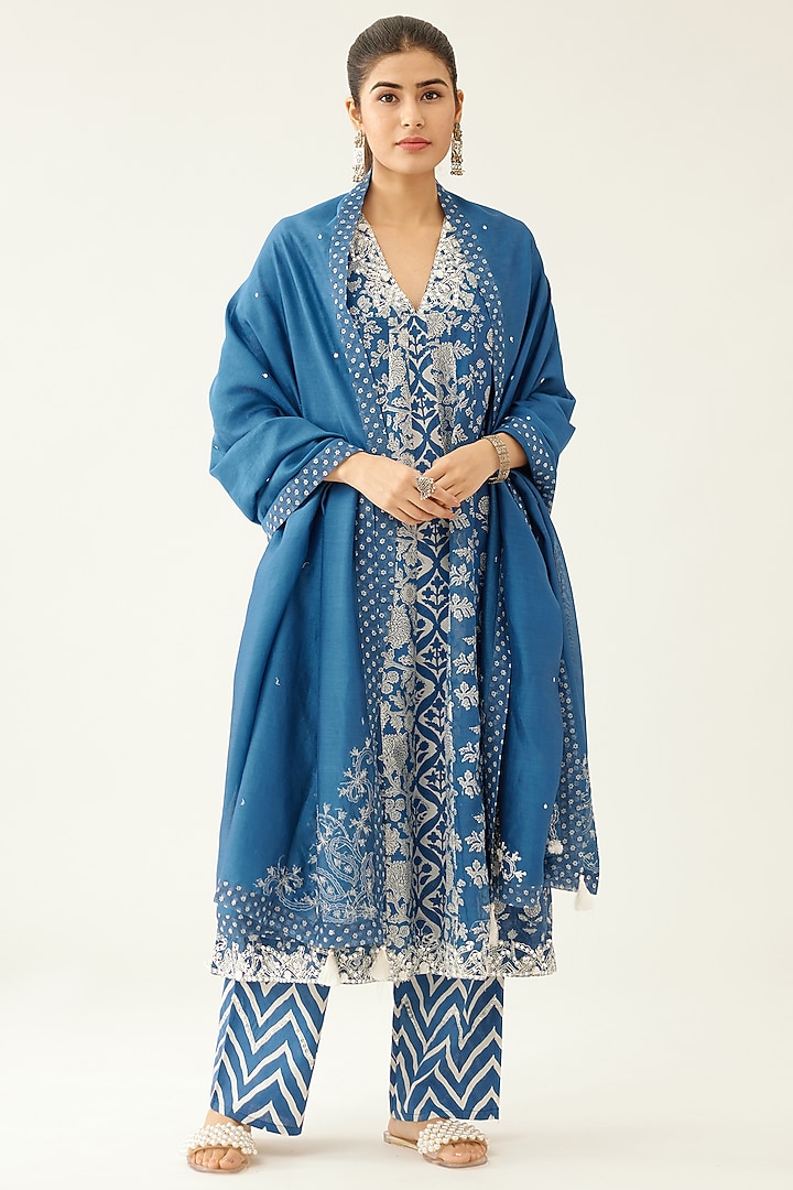 Blue Cotton Chanderi Printed Kurta Set by Kora at Pernia's Pop Up Shop