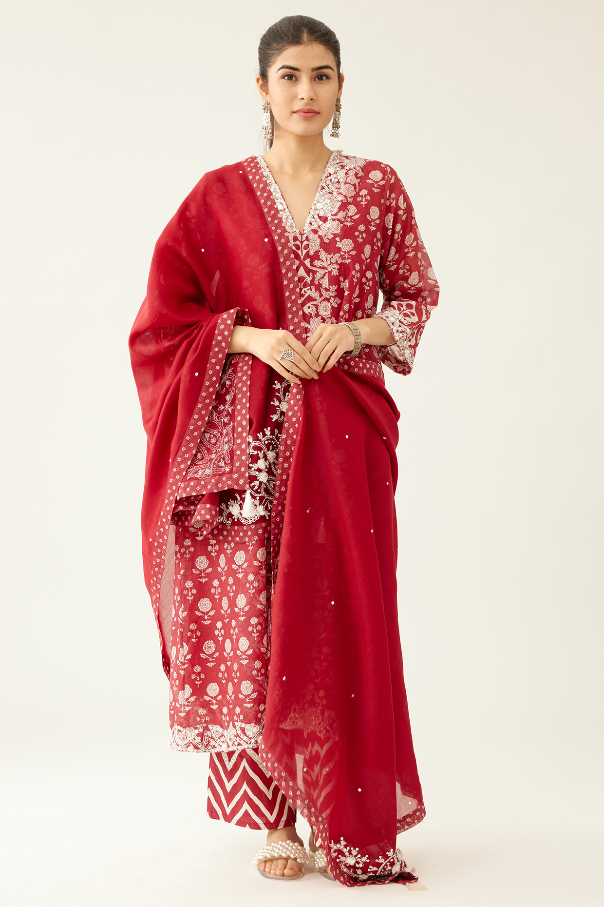Red Cotton Chanderi Printed Kurta Set by Kora at Pernia's Pop Up Shop