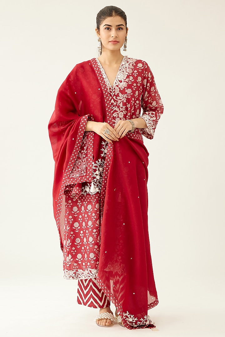 Red Cotton Chanderi Printed Kurta Set by Kora at Pernia's Pop Up Shop