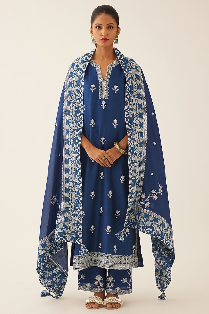 Blue Silk Chanderi Embroidered Kurta Set by Kora at Pernia's Pop Up Shop