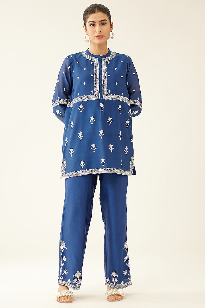 Blue Silk Chanderi Embroidered Kurta Set by Kora at Pernia's Pop Up Shop