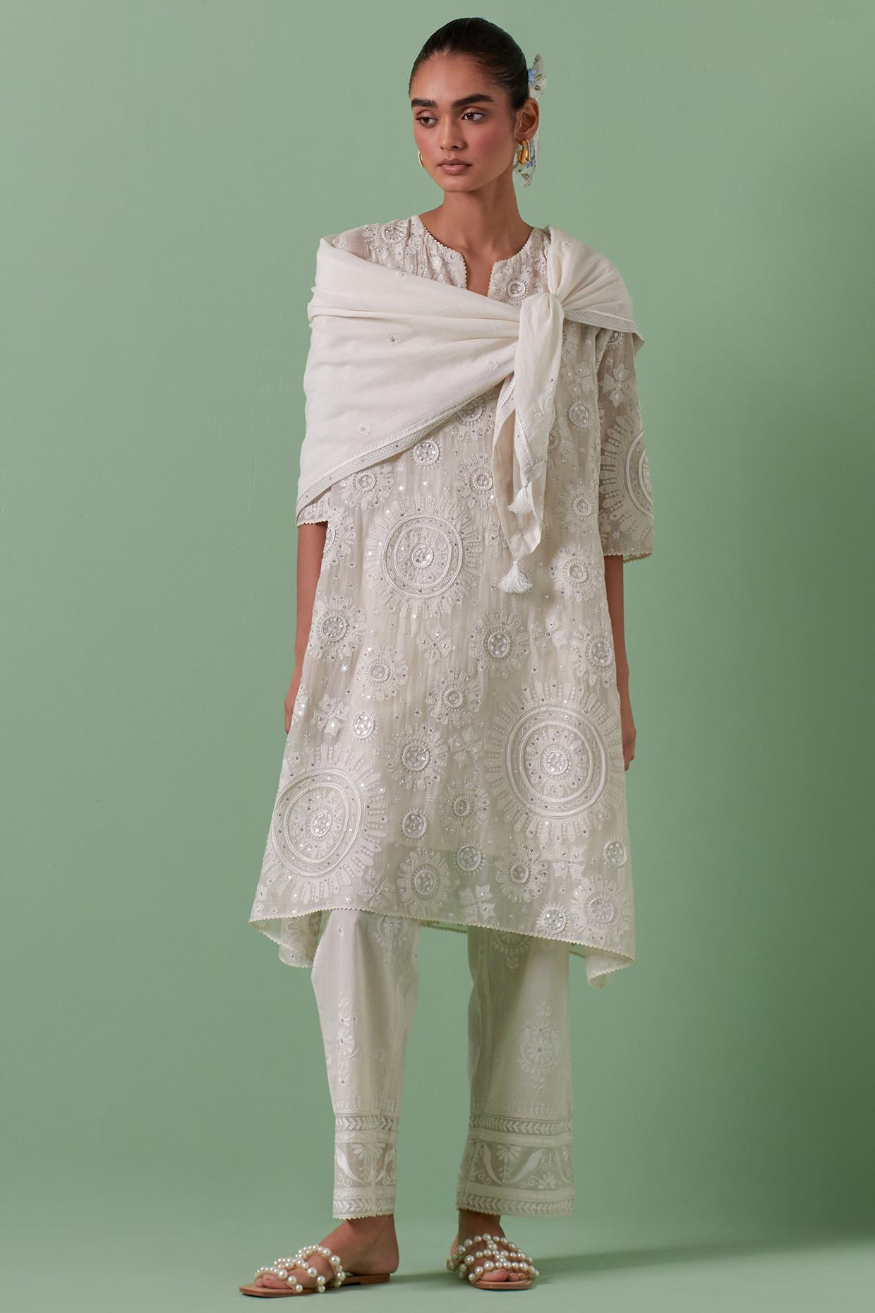 Off-White Cotton Chanderi Patch Work A-Line Kurta Set by Kora at Pernia's Pop Up Shop