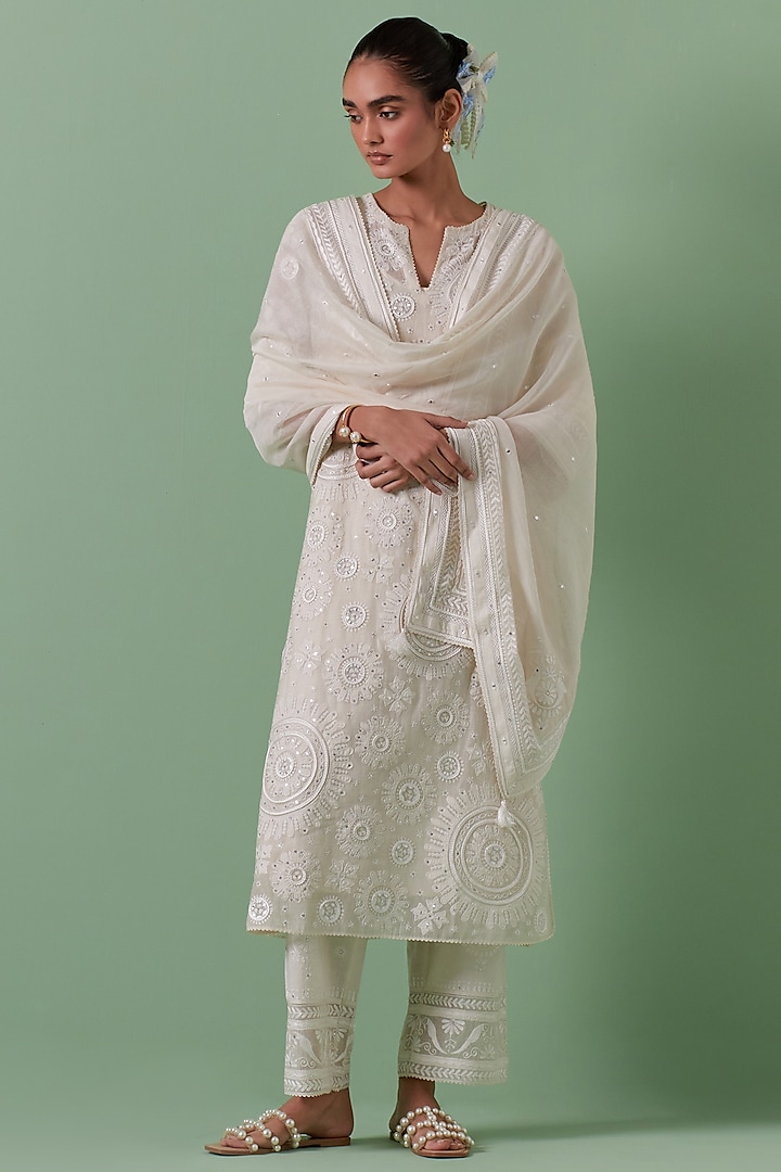Off-White Cotton Chanderi Mirror Work Straight Kurta Set by Kora at Pernia's Pop Up Shop