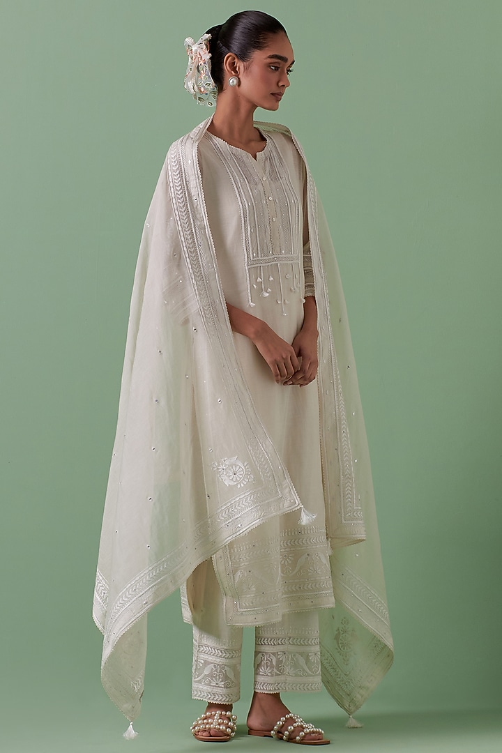 Off-White Cotton Chanderi Mirror Work Straight Kurta Set by Kora at Pernia's Pop Up Shop