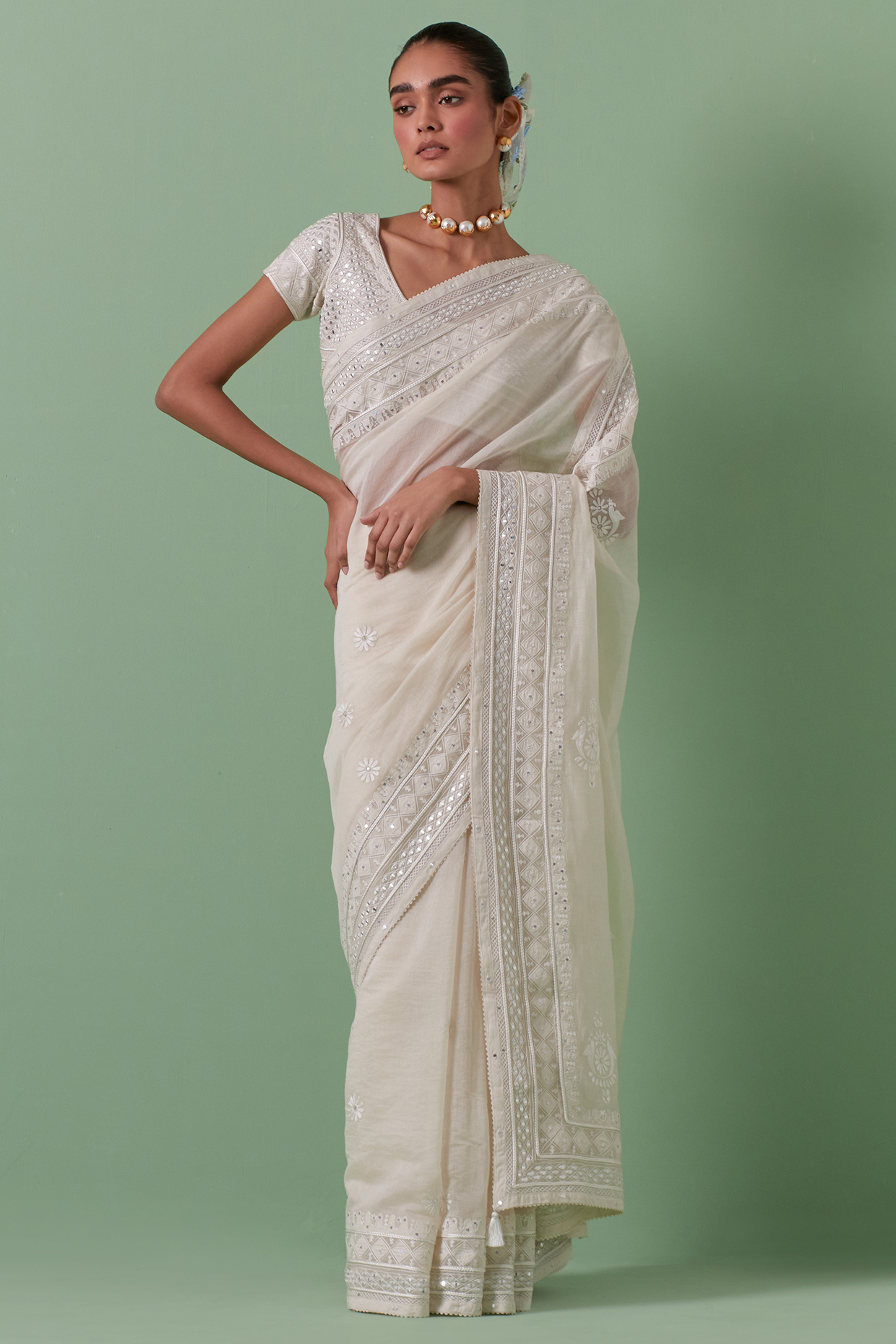 Off-White Cotton Chanderi Silk Thread Embroidered Wedding Saree Set by Kora at Pernia's Pop Up Shop