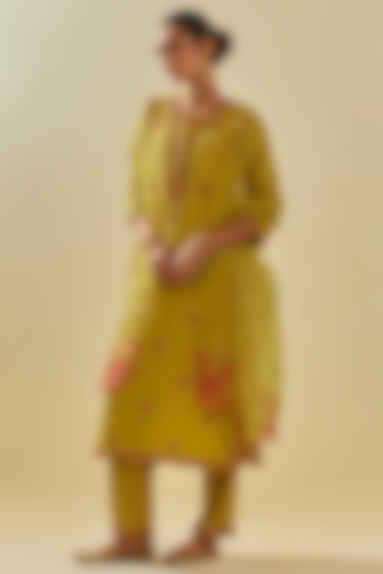 Yellow Tissue Chanderi Floral Embroidered Kurta Set by Kora at Pernia's Pop Up Shop