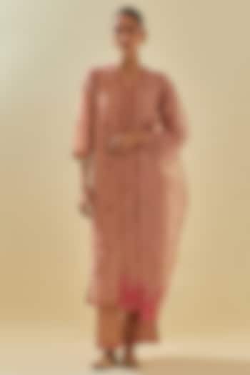 Pink Tissue Chanderi Floral Embroidered Kurta Set by Kora at Pernia's Pop Up Shop